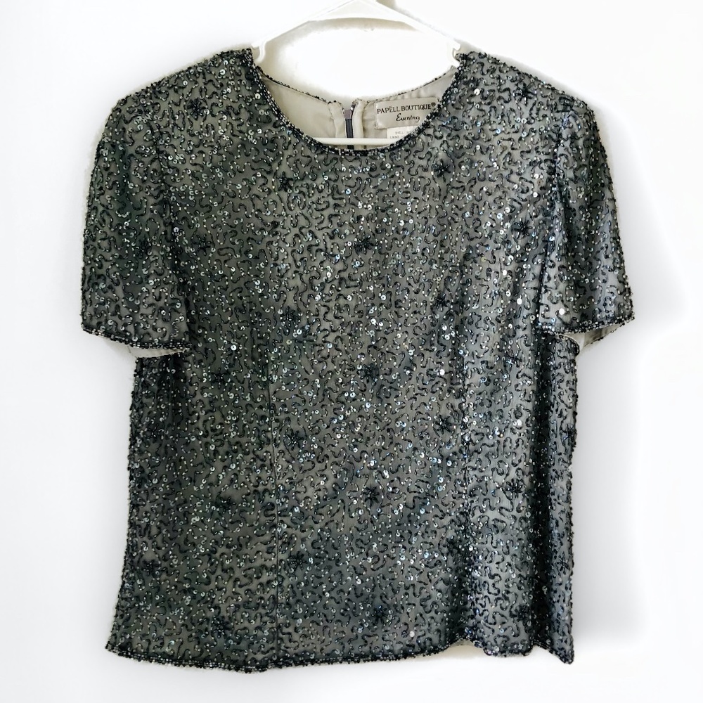 Vintage Papell Boutique Evening Silk Short Sleeve Sequin Blouse Sz LP